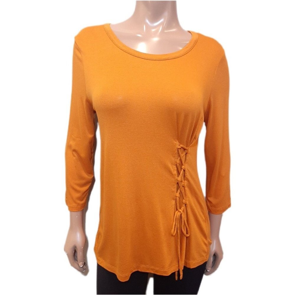 💠NEW Jones New York Lace Up Top Womens Size Medium Orange 3/4 Sleeve Stretchy